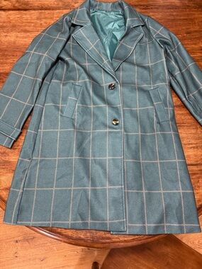 Women's Teal Windowpane Wool-Blend Coat